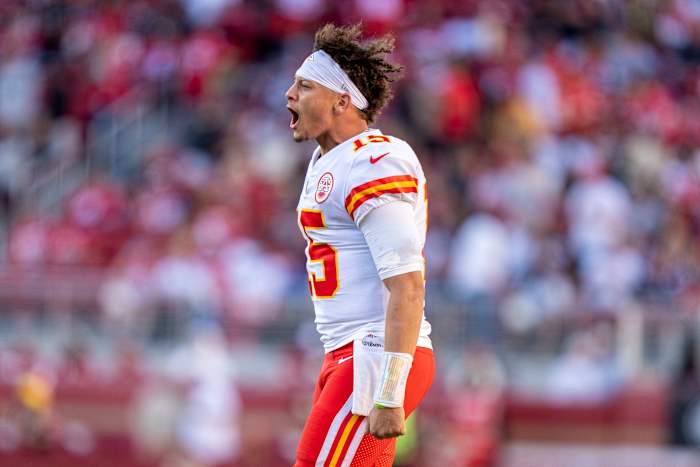 October 23, 2022; Santa Clara, California, USA; Kansas City Chiefs quarterback Patrick Mahomes (15) celebrates after a point-after-touchdown against the San Francisco 49ers during the fourth quarter at Levi's Stadium. Mandatory Credit: Kyle Terada-USA TODAY Sports
